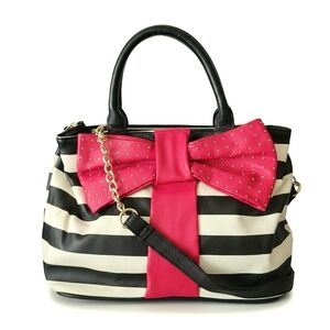 Betsey Johnson Black and White Striped Bag with Pink Bow